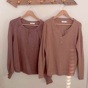 Think Waffle Knit Three-Quarter Button Up Sweater
